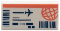 LEGO part Tile 1 x 2 with Airline Ticket with Coral Globe and Black Barcodes, Lines, Arrow and Airplane Pattern 3069pb1325