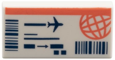 LEGO part Tile 1 x 2 with Airline Ticket with Coral Globe and Black Barcodes, Lines, Arrow and Airplane Pattern (3069pb1325)