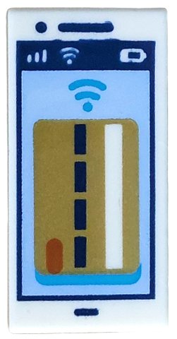LEGO part Tile 1 x 2 with Cell Phone / Smartphone with Gold Debit / Credit Card on Bright Light Blue Background, Signal Strength, WiFi, Battery Level and Dark Blue Outline, Blue Contactless Payment Symbol Pattern (3069pb1445)