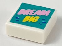 LEGO part Tile 1 x 1 with Bright Pink 'DREAM', Yellow 'BIG', and Blue Drops on Dark Turquoise Background Pattern 3070pb146