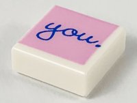 LEGO part Tile 1 x 1 with Blue 'you.' Script on Bright Pink Background Pattern 3070pb149