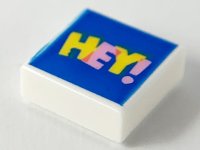 LEGO part Tile 1 x 1 with Bright Pink and Yellow 'HEY!' on Blue Background Pattern 3070pb154