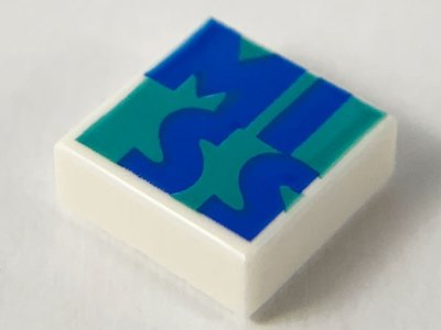 LEGO part Tile 1 x 1 with Blue 'MISS' on Dark Turquoise Background Pattern (3070pb157)