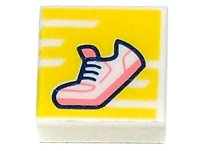 LEGO part Tile 1 x 1 with Shoe with Coral Sole and Tongue on Yellow Background with Stripes Pattern 3070pb241