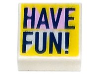 LEGO part Piastrella 1 x 1 con Motivo 'HAVE FUN!' Blu Scuro con Evidenziazioni Rosa Brillante su Sfondo Giallo 3070pb242