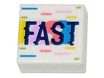 LEGO part Tile 1 x 1 with Dark Blue 'FAST' with Yellow, Bright Pink, Coral, Dark Azure, and Lime Highlights and Lines Pattern (3070pb249)