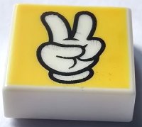 LEGO part Tile 1 x 1 with White Peace Sign Glove with Black Outline on Yellow Background Pattern 3070pb256