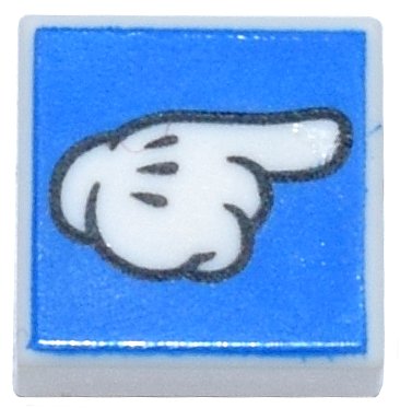 LEGO part Tile 1 x 1 with White Pointing Glove with Black Outline on Blue Background Pattern (3070pb262)