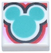 LEGO part Tile 1 x 1 with Dark Turquoise Mickey Mouse Head Silhouette with Black, Red and Bright Pink Outline Pattern 3070pb265