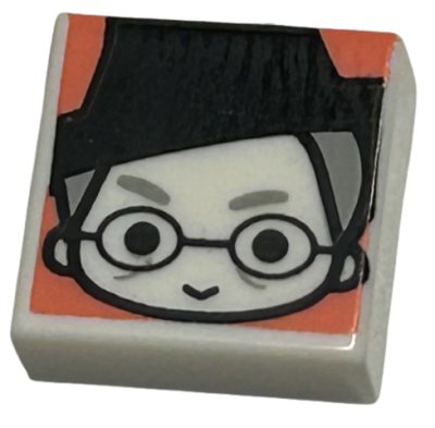 LEGO part Tile 1 x 1 with Female Witch Head with Smile, Black Hat and Glasses, and Light Bluish Eyebrows and Hair on Coral Background Pattern (HP Minerva McGona (3070pb304)
