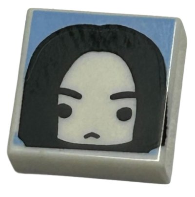 LEGO part Tile 1 x 1 with Male Head with Frown, Black Eyebrows and Long Hair on Bright Light Blue Background Pattern (HP Severus Snape) (3070pb305)