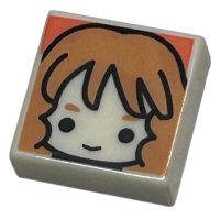 LEGO part Tile 1 x 1 with Female Head with Smile, Medium Nougat Eyebrows and Wavy Hair with Bangs on Coral Background Pattern (HP Hermione Granger) 3070pb308