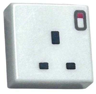 LEGO part Tile 1 x 1 with 3 Black Rectangles (United Kingdom 3 Pin Power Socket) and Red Switch Pattern (3070pb365)