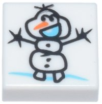 LEGO part Tile 1 x 1 with Black Snowman (Olaf) Stick Figure Drawing, Bright Light Blue Mouth and Orange Nose Pattern 3070pb381