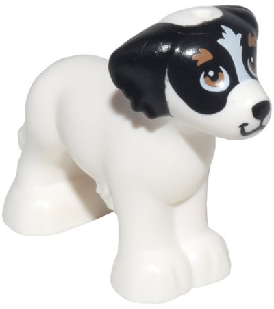 LEGO part Dog, Friends, Shaggy Fur, Ears, and Tail with Black Ears and Nose, Stripe on Forehead, Medium Nougat Eyes and Eyebrows Pattern (Daisy) (3168pb02)