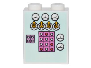 LEGO part Stein 1 x 2 x 2 mit Inside Stud Holder mit Gauges, Toggle Switches and Buttons on Light Aqua Background Pattern (3245cpb048)