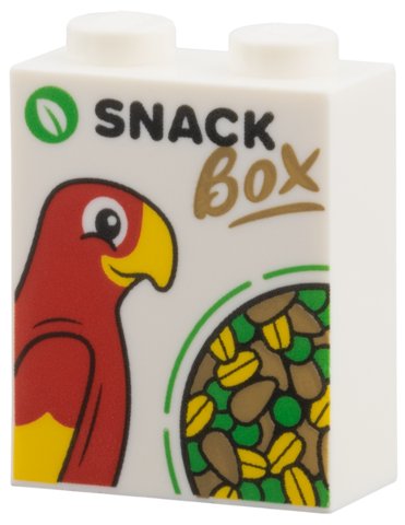 LEGO part Brick 1 x 2 x 2 with Inside Stud Holder with Green Leaf, Red Parrot, Seeds, Black 'SNACK', Dark Tan 'BOX' Pattern (3245cpb288)