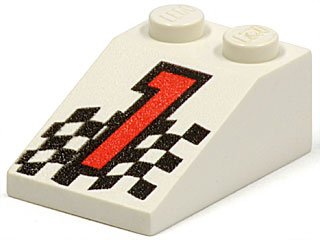 LEGO part Slope 33 3 x 2 with Red Number 1 and Checkered Flag Pattern (3298pb003)