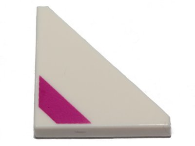 LEGO part Tile, Modified 2 x 2 Triangular with Magenta Diagonal Stripe Pattern (35787pb003)
