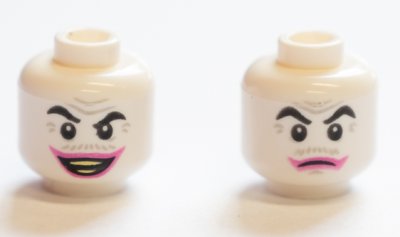 LEGO part Minifigure, Head Dual Sided Black Eyebrows, Light Bluish Gray Wrinkles and Moustache, Dark Pink Lips, Open Mouth Smile with Teeth / Closed Mouth Pattern (The Joker) - Hollow Stud (3626pb2797)