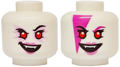 LEGO part Minifigure, Head Dual Sided Alien Female Black Eyebrows, Bright Pink Eye Shadow, Dark Pink Lips, Open Mouth Smile with Fangs / Magenta Face Paint Triangle and Eyebrow Pattern - Vented Stud (3626pb3530)