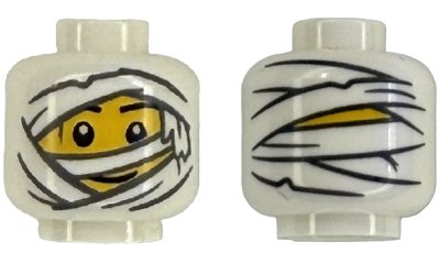 LEGO part Minifigure, Head Mummy Wrappings with Dark Bluish Gray Outline over Yellow Face with Black Eyebrows and Grin Pattern (BAM) (3626pb3980)