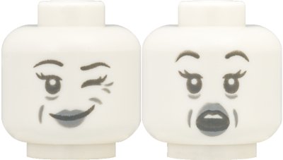 LEGO part Minifigure, Head Dual Sided Alien Ghost with Dark Bluish Gray Eyebrows, Light Bluish Gray Lips and Wrinkles, Lopsided Grin and Wink / Scared Open Mouth with Top Teeth Pattern (BAM) (3626pb3981)