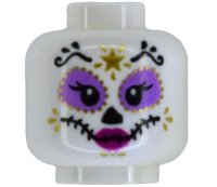 LEGO part Minifigure, Head Alien Female La Catrina with Black Eyebrows, Triangular Nose, Stitched Mouth, Medium Lavender Eye Shadow, Magenta Lips, Gold Face Paint with Star Pattern (BAM) 3626pb4001