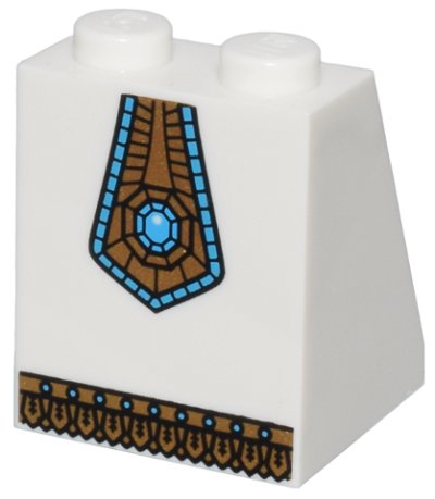 LEGO part Slope 65 2 x 2 x 2 with Bottom Tube with Minifigure Dress / Skirt / Robe, Gold Panel with Blue Jewel and Gold Fringe Pattern (3678bpb038)