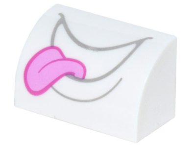 LEGO part Slope, Curved 1 x 2 with Dark Bluish Gray Open Mouth Smile with Bright Pink Tongue Pattern (Super Mario Polterpup Lower Face) (37352pb017)