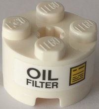 LEGO part Brick, Round 2 x 2 with Axle Hole with 'OIL FILTER' and Yellow Sign Pattern (Sticker) - Set 42082 3941pb23