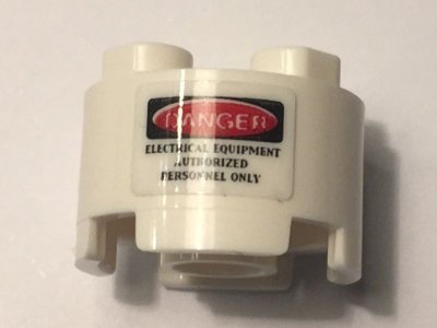 LEGO part Brick, Round 2 x 2 with Axle Hole with 'DANGER' and 'ELECTRICAL EQUIPMENT AUTHORIZED PERSONNEL ONLY' Pattern (Sticker) - Set 10274 (3941pb35)