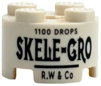 LEGO part Brick, Round 2 x 2 with Axle Hole with Black '1100 DROPS', 'SKELE-GRO' and 'R.W & Co' Pattern 3941pb61