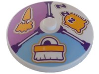LEGO part Dish 4 x 4 Inverted (Radar) with Solid Stud with Bright Light Orange Carrot on Medium Lavender Panel, Horse Brush on Bright Light Blue Panel and Pillow with Dark Purple 'zzZ' Pattern 3960pb075