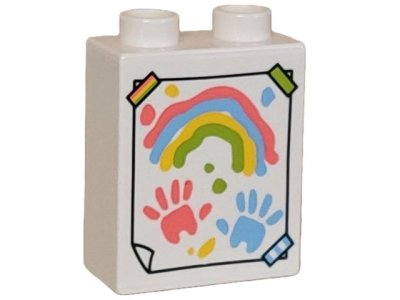 LEGO part Duplo, Brick 1 x 2 x 2 with Painting with Coral, Medium Blue, Yellow, and Lime Rainbow, Hand Prints, and Splotches, Taped on Wall Pattern (4066pb801)