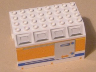 LEGO part Aircraft Fuselage Middle Angular Top 6 x 8 x 4 with Door on Blue, Orange, and Yellow Stripes Pattern (42604pb002)
