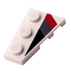 LEGO part Wedge, Plate 3 x 2 Left with Black, Dark Bluish Gray and Red Racing Stripes Pattern (43723pb01)