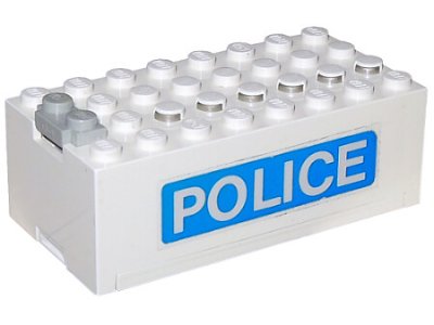 LEGO part Electric 9V Battery Box Small with 'POLICE' Pattern on Both Sides (Stickers) - Set 6450 (4760c01pb07)