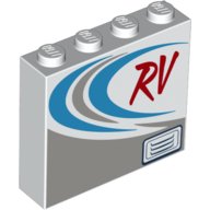 LEGO part Brick 1 x 4 x 3 with Red 'RV', Dark Azure and Dark Bluish Gray Curved Stripes Pattern 49311pb005