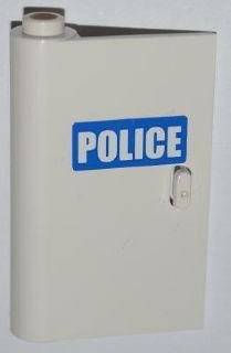 LEGO part Door 1 x 3 x 4 Left - Open Between Top and Bottom Hinge with White 'POLICE' on Blue Background Pattern (Sticker) - Set 7286 (58381pb04)