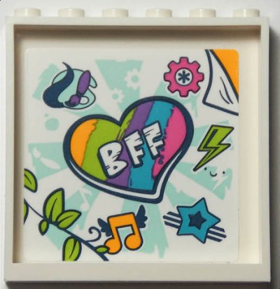 LEGO part Panel 1 x 6 x 5 with 'BFF' on Rainbow Heart, Paint Palette, Gear, Lightning Bolt, Star, Music Note, and Leaves Pattern (Sticker) - Set 41395 (59349pb291)