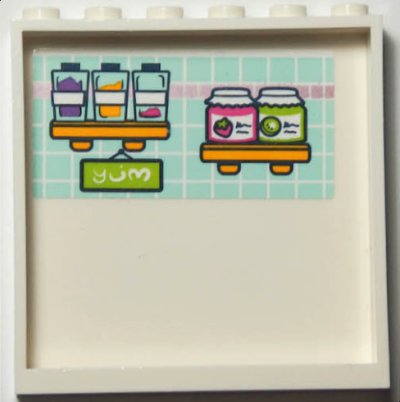 LEGO part Panel 1 x 6 x 5 with Pantry Shelves with Dark Pink and Lime Jars and 'yum' Sign on Light Aqua Tile Background Pattern (Sticker) - Set 41395 (59349pb293)