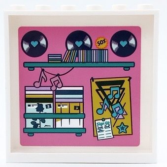 LEGO part Panel 1 x 6 x 5 with Shelves, Vinyl Records, CDs and Poster with Music Notes on Dark Pink Background Pattern (Sticker) - Set 41450 (59349pb316)