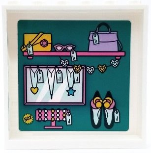 LEGO part Panel 1 x 6 x 5 with Shelf, Mirror, Handbags, Necklaces, Shoes and Price Tags on Dark Turquoise Background Pattern (Sticker) - Set 41450 (59349pb318)