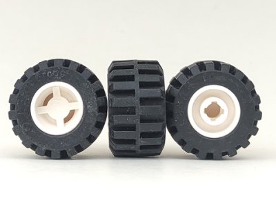 LEGO part Wheel 11mm D. x 12mm, Hole Notched for Wheels Holder Pin with Black Tire 21mm D. x 12mm - Offset Tread Small Wide, Band Around Center of Tread (6014b / 87697) (6014bc05)