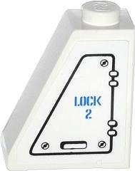 LEGO part Slope 65 2 x 1 x 2 with Hatch and 'LOCK 2' Pattern Model Left Side (Sticker) - Set 60014 (60481pb002L)