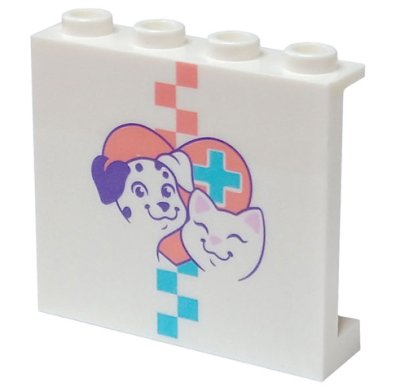 LEGO part Panel 1 x 4 x 3 with Side Supports - Hollow Studs with Dog, Cat, and Coral and Medium Azure Checkered Stripe, Heart, and Hospital Cross Pattern (60581pb215)