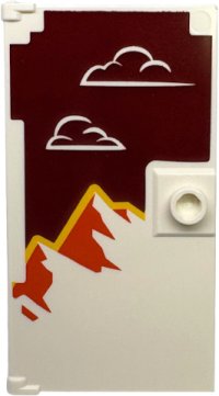 LEGO part Door 1 x 4 x 6 with Stud Handle with Clouds on Dark Red Background, Orange and Yellow Mountains Pattern 60616pb116