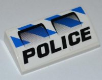LEGO part Slope, Curved 2 x 4 x 2/3 without Bottom Tubes with 2 Air Intakes, 'POLICE' and Blue and White Danger Stripes Pattern (Sticker) - Set 7970 61068pb008