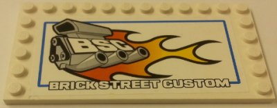 LEGO part Tile, Modified 6 x 12 with Studs on Edges with 'BSC BRICK STREET CUSTOM' Pattern (Sticker) - Set 8154 (6178pb023)